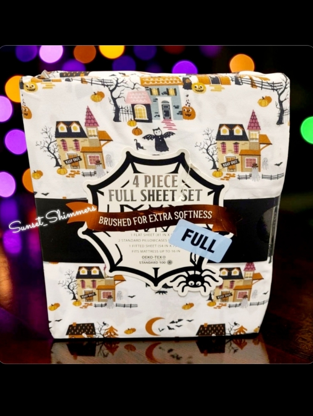 Haunted House Village FULL Bed Sheets Witch Black Cat Ghost Pumpkin Halloween